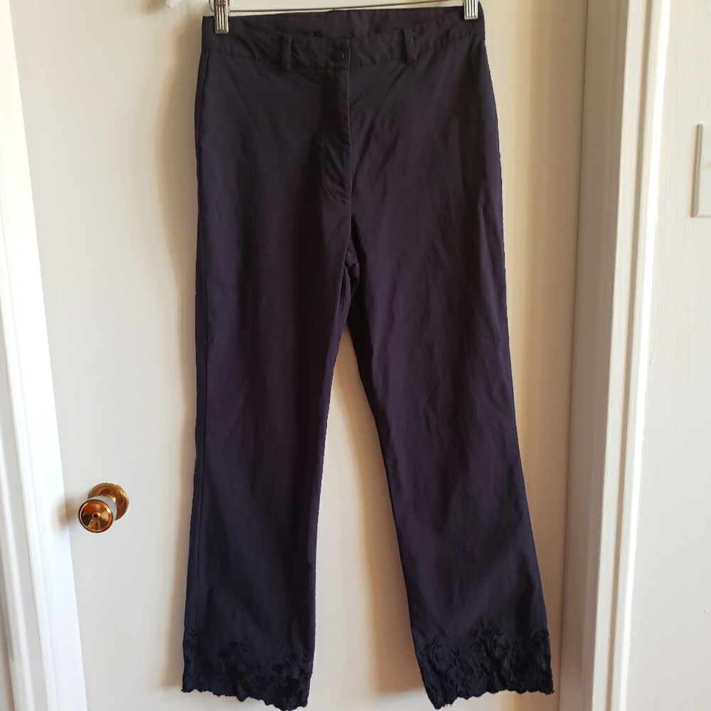BGN Navy Blue Rayon Nylon Lycra Dress Pant Stitch Floral Ankle Cuffs Woman 7